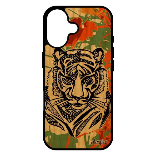 Coque silicone pour iPhone 17 bois tigre caoutchouc predateur tasmanie syberie tribal solide animaux noir dessin de made in France