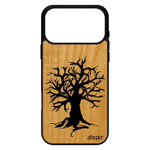 Coque pour iPhone 17 pro max en bois silicone peinture arbre nature ecologie rigide zen motif decoratif ecolo housse noir naturel