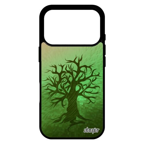 Coque pour iPhone 17 pro en silicone peinture arbre decoratif ecologie nature de vie foret case ecolo motif vert zen naturel noir
