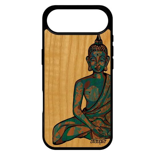 Coque Silicone Pour Iphone 17 Air Bois Veritable Bouddha Portable Telephone Yoga Nepal Chinois Mobile Asie Homme Housse Assis
