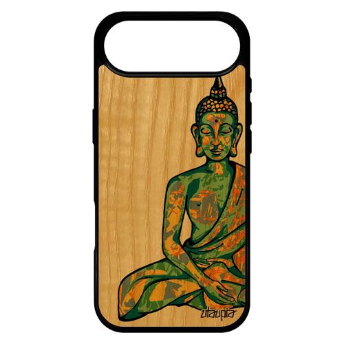 Coque Vrai Bois Naturel Pour Iphone 17 Air Silicone Bouddha Graphique Yoga Tibet Inde Rigide Soleil Femme Assis Tpu Made In France