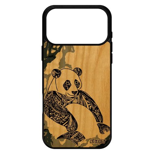 Coque panda pour iPhone 17 pro max bois silicone tatouage ethnique Gris cadeau d'anniversaire dessin azteque symbole antichoc
