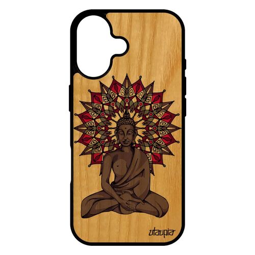 Coque antichoc pour iPhone 17 bois silicone bouddha zen Violet rosace inde bumper mandala ethnique noir statue bouddhisme 4G tibet
