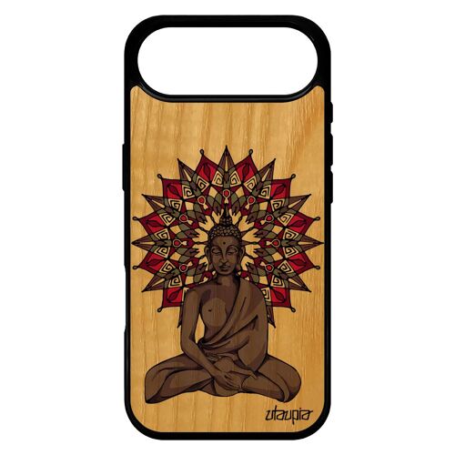 Coque Pour Iphone 17 Air Bois Silicone Bouddha Violet Pochoir Rosace Mandala Statue Smartphone Bouddhisme Inde Made In France