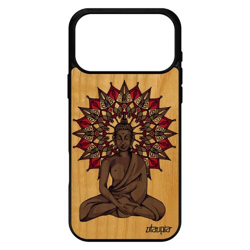 Coque bouddha pour iPhone 17 pro max en bois silicone inde tibet noir statue bouddhisme Violet rosace pochoir zen ethnique mandala
