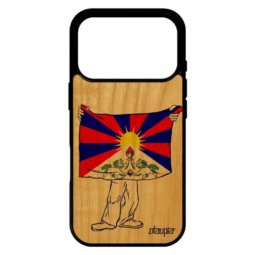 Coque drapeau tibet tibetain pour iPhone 17 pro en bois silicone bouddhisme rigide zen de protection etui bouddha asie