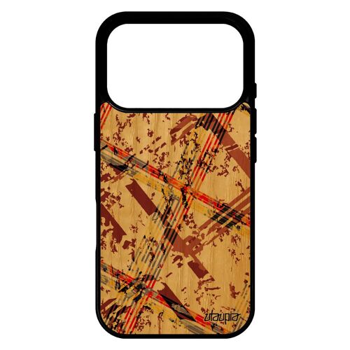 Coque carreau tartan pour iPhone 17 pro en bois silicone carre geometrique portable rigide design fait main fond marron noir