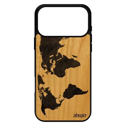 Coque pour iPhone 17 pro max bois silicone Carte monde atlas globe planete motif terre artisanal TPU gris design de protection