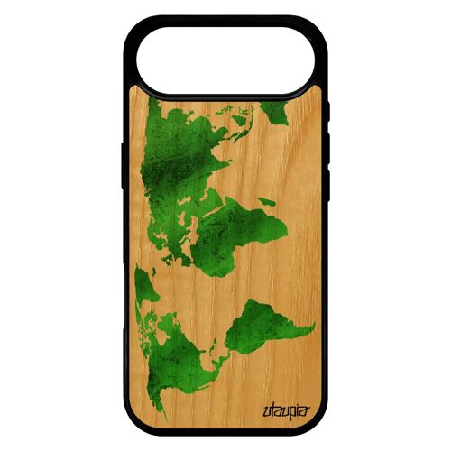 Coque En Bois Silicone Pour Iphone 17 Air Carte Monde Vert Terre Planete Portable Cover Globe De Protection Effet Mobile Motif