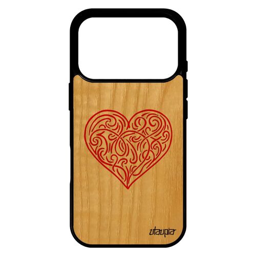 Coque en bois pour iPhone 17 pro silicone coeur souple 4G portable case cadeau saint valentin cupidon romantique made in France
