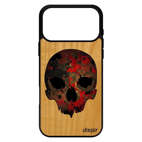 Coque bois crane pour iPhone 17 pro max silicone halloween 512 Go emo hardrock tete de mort etui symbole housse peur peinture Rouge