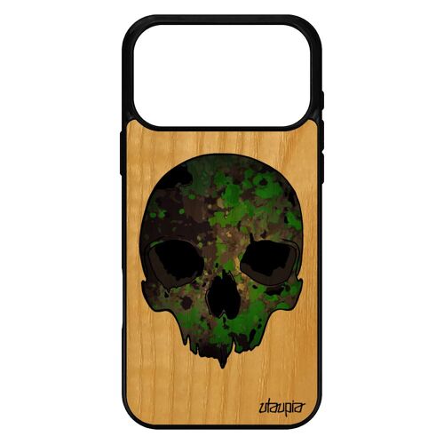 Coque en bois silicone pour iPhone 17 pro max et tete de mort epouvante squelette Vert graff camouflage militaire biker fr¿ne punk