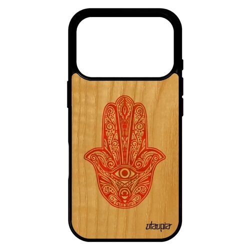 Coque pour iPhone 17 pro bois silicone main de fatma cadeau Aid al-kab¿r telephone 4G fille etui fatima talisman ¿il symbole orange