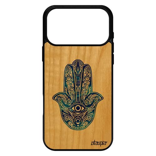 Coque pour iPhone 17 pro max en bois silicone main de fatma telephone cadeau Aid al-kab¿r caoutchouc design bleu femme fatima