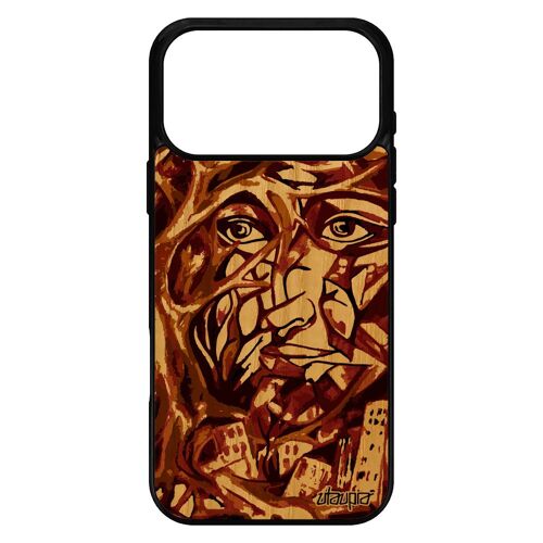 Coque bois pour iPhone 17 pro max silicone portrait street art immeubles jolie original rigide artisanat telephone housse noir