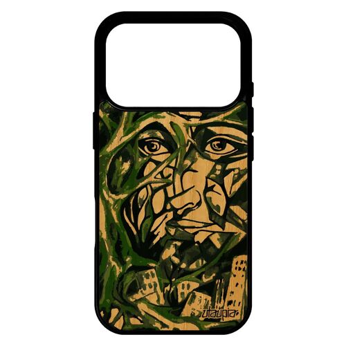 Coque portrait street art telephone pour iPhone 17 pro bois silicone design antichoc vert abstrait cadeau visage original immeubles