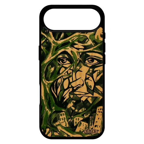 Coque Bois Naturel Pour Iphone 17 Air Silicone Portrait Street Art Design Immeubles Arbre Visage Smartphone Artisanat Vert Abstrait