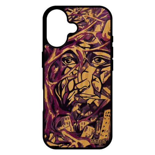 Coque Silicone Portrait Street Art Pour Iphone 17 Bois Original Telephone Peinture Arbre Fait Main Jolie Etui Made In France