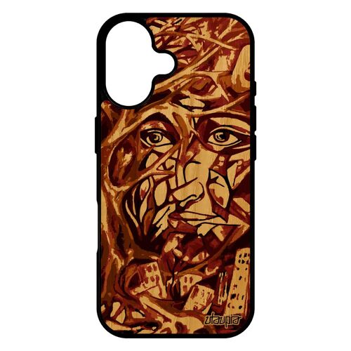 Coque Pour Iphone 17 En Bois Silicone Portrait Street Art Immeubles Marron Peinture Huile Abstrait Arbre Visage Original Case