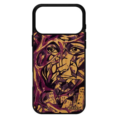 Coque vrai bois pour iPhone 17 pro max silicone portrait street art etui jolie original fait main noir peinture arbre visage homme