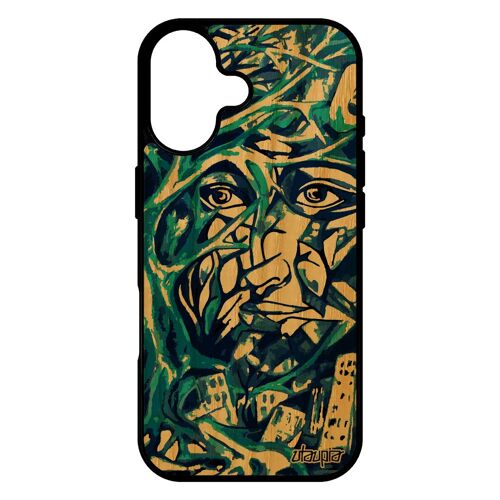 Coque En Bois Pour Iphone 17 Et Silicone Portrait Street Art Cadeau Arbre Peinture Abstrait Portable Original Fait Main Bleu Bumper