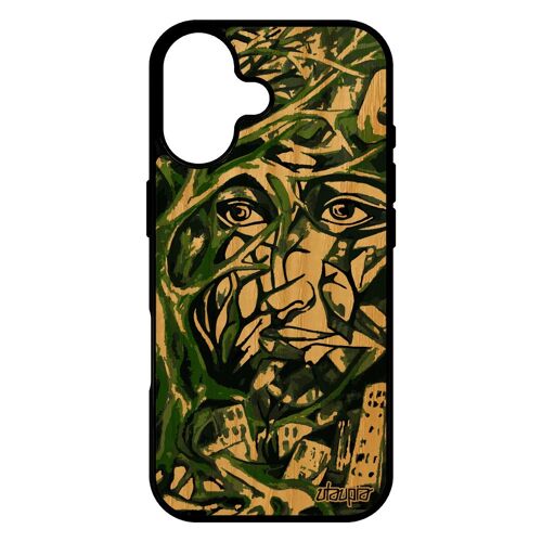 Coque Bois Pour Iphone 17 Silicone Portrait Street Art Unique Abstrait Telephone Vert Artisanat Rigide Cadeau De Protection Femme