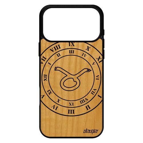 Coque pour iPhone 17 pro max en bois silicone Signe astrologique taureau du zodiaque rigide univers portable galaxie horloge Noir