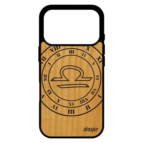 Coque silicone pour iPhone 17 pro bois Signe astrologique balance Noir univers de protection astronomie etoiles 4G made in France