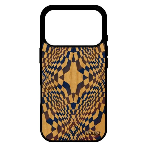 Coque en bois silicone pour iPhone 17 pro illusion d'optique bumper magie art visuel solide graphique etoile case geometrique