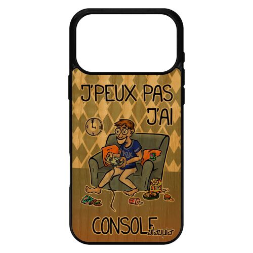 Coque en bois antichoc pour iPhone 17 pro max silicone j'peux pas j'ai console jeux video jpeux drole humour bd gamer je geek play