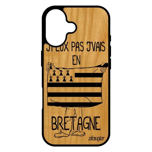 Coque Vrai Bois Silicone Pour Iphone 17 J'peux Pas J'vais En Bretagne Football Region Foot Gwenn Ha Du Drapeau Breton Humour