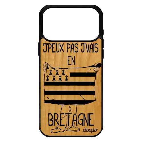 Coque bois rigide pour iPhone 17 pro max silicone j'peux pas j'vais en bretagne region noir basket portable motif humour foot