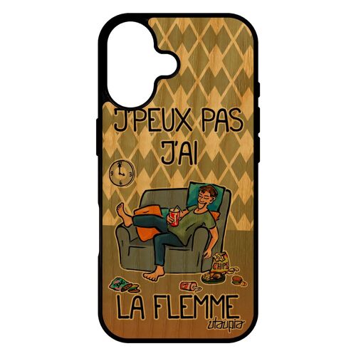 Coque pour iPhone 17 en bois silicone j'peux pas j'ai la flemme telephone feignant bumper smartphone noir frêne bd humoristique je