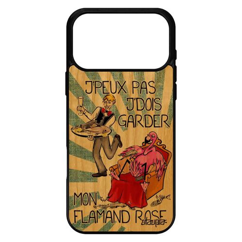Coque bois humour j'peux pas j'dois garder mon flamant rose pour iPhone 17 pro max silicone oiseau texte frêne jpeux bd souple