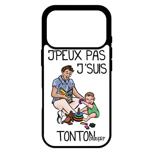 Coque pour iPhone 17 pro silicone j'peux pas j'suis tonton humour blanc humoristique jpeux noir texte bande dessinée je oncle