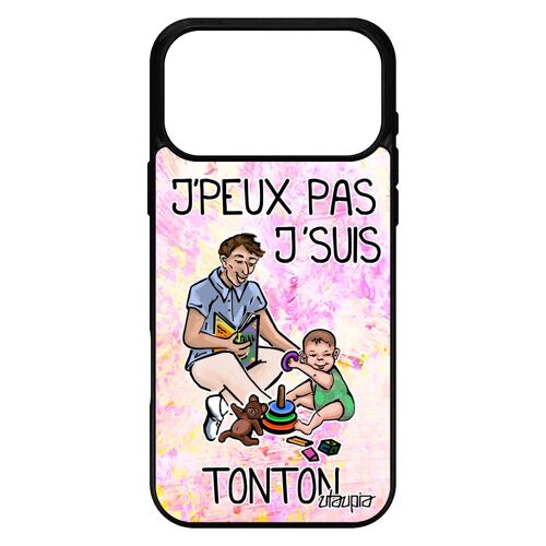 Coque pour iPhone 17 pro max silicone humour j'peux pas j'suis tonton noir jpeux enfant oncle portable texte violet 4G 512 Go drole