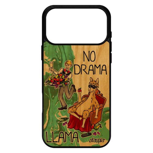 Coque no drama lama pour iPhone 17 pro max en bois silicone humour dramalama vert dessin cartoon llama souple comique mobile cover