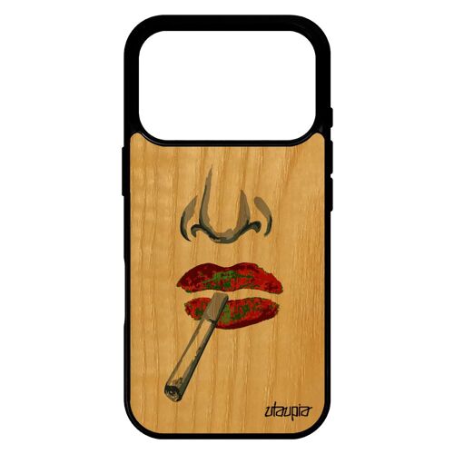 Coque pour iPhone 17 pro vrai bois naturel silicone fumeur noir levres design original housse femme bouche art cigarette smack de