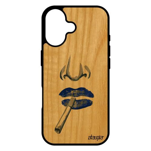 Coque Pour Iphone 17 En Bois Silicone Visage Abstrait Case Cigarette Femme Art Cover Levres Clope Bouche Telephone Gel Bleu 4g Etui