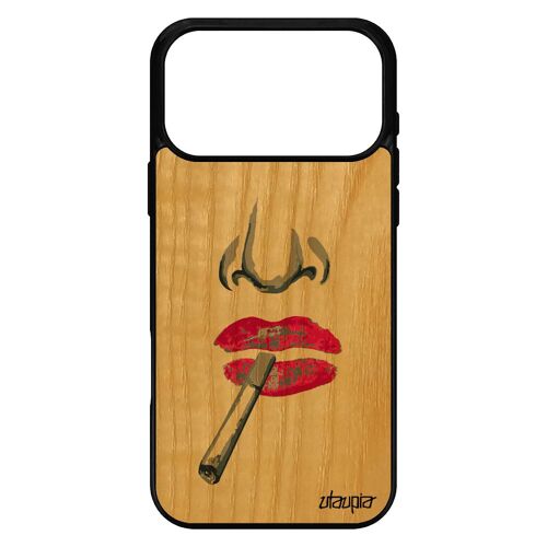 Coque antichoc pour iPhone 17 pro max bois silicone portrait bouche original levres cover femme artiste clope 256 Go cigarette rose