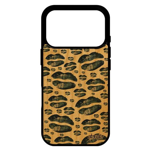 Coque en bois pour iPhone 17 pro et silicone levres motif bouche portable femme de protection telephone smartphone gris clope