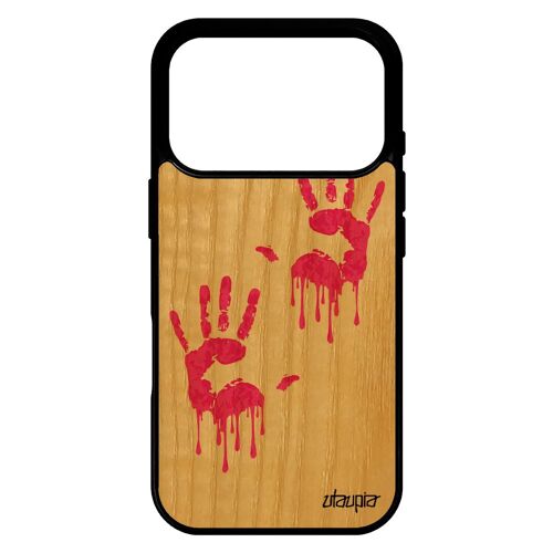 Coque silicone pour iPhone 17 pro bois veritable empreinte main Rose graphique peinture qui degouline original homme etui deux