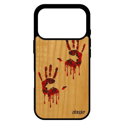 Coque empreinte main pour iPhone 17 pro en bois silicone souple telephone peinture qui degouline Rouge horreur made in France
