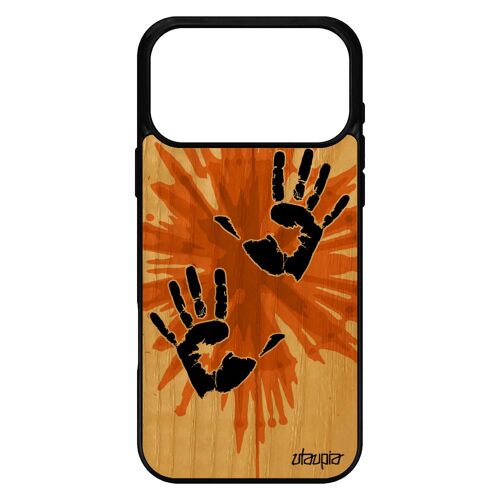 Coque en bois pour iPhone 17 pro max silicone main deux empreinte street art de protection Orange peinture case fantaisie 4G