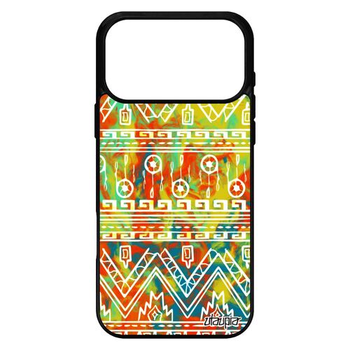 Coque pour iPhone 17 pro max silicone Motif azteque fond noir peinture effet jaune decoratif tribal ethnique case cover frise jolie