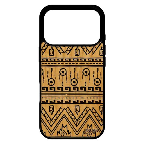 Coque silicone pour iPhone 17 pro bois Motif azteque fond effet decoratif jolie antichoc peinture tribal original housse noir