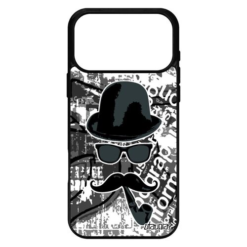 Coque moustache pour iPhone 17 pro max silicone chapeau melon pipe telephone 4G noir et blanc journal peinture souple solide homme