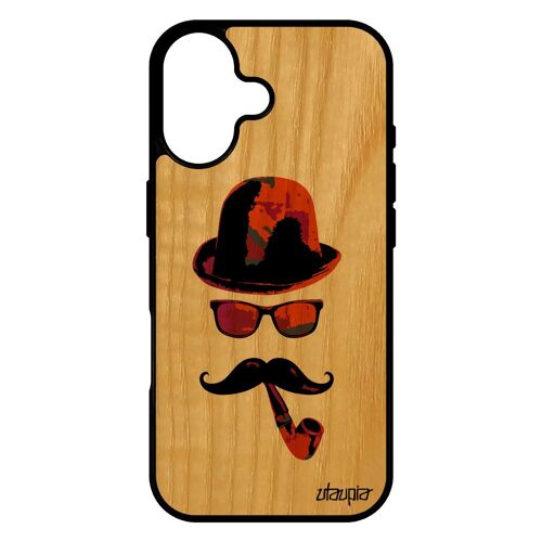 Coque En Bois Pour Iphone 17 Silicone Monsieur Moustache Graf Vintage Peinture Homme Portable Gel Pas Cher Street Art Antichoc