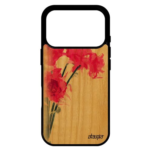 Coque en bois bouquet de fleurs pour iPhone 17 pro silicone bumper romantique rigide case amour Rose aquarelle fille peinture