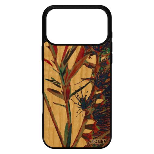 Coque bois silicone pour iPhone 17 pro max fleurs texture etui plante exotique bumper fond de protection florale artisanal naturel